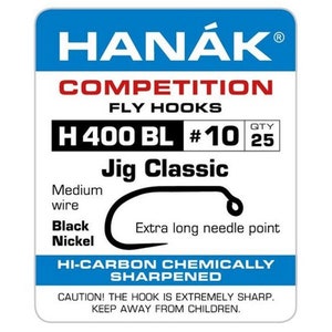 May include: A pack of 25 Hanák Competition Jig Classic fly fishing hooks in size #10. The hooks are black nickel, medium wire, and have an extra long needle point. They are hi-carbon chemically sharpened.
