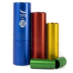 May include: Four metal tubes in different colours: blue, red, gold, and green. The blue tube has the text "TFB by 54DS" printed on it.