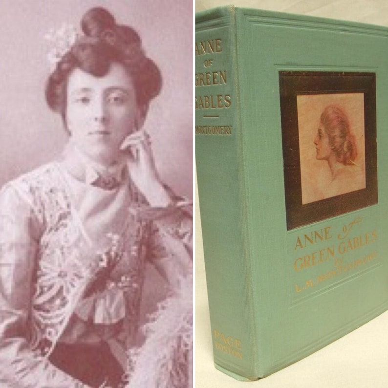 K&ouml;nnte beinhalten: Vintage-Foto einer Frau in hellem Kleid und einem Buch mit dem Titel "Anne of Green Gables". Das Buch ist hellgr&uuml;n mit goldener Schrift und einem Frauenportr&auml;t. Das Foto ist in Sepia gehalten.