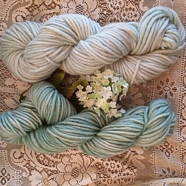 Tonal Package: Includes both Atlantic Sea foam and Island Summer Sky; Hand dyed, 2 skeins of 4 ply, bulky 100% wool yarn.