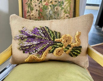 Rug Hooking, Hand Hooked Pillow, Cushion, 'Fresh Lavender', Finished, Pillow,