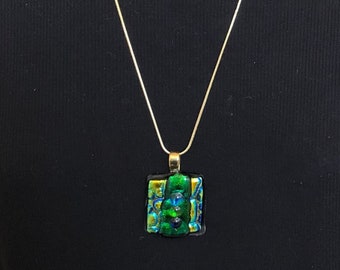 Art glass necklace. Artisan handmade green pendant. Unique statement jewelry. Custom one of a kind. Creative geometric style. Arty gift
