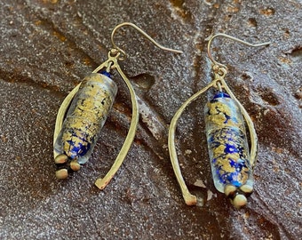 Unique navy blue and gold earrings. One of a kind statement dangle earring. Creative jewelry. Woman's wearable art lover gift. Artisan glass