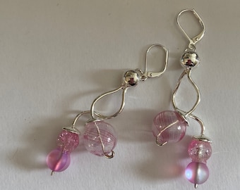 Pink earrings. Glass bubble earring. Statement jewelry. Ribbon earring. Curly dangle earring. Spiral twist. Fun squiggle. Womans unique gift