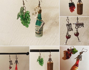 Fun earrings. Unmatched wine earrings. Mismatch earrings. Handmade mini food jewelry. Cute statement earrings. Unique dangle earrings