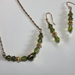 Handmade green and gold necklace and earring set. Olive green Spring / Summer jewelry. Peridot green for Virgo / August birthday gift