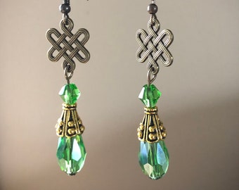 Vintage style Celtic jewelry. Handmade long dangle earrings. Green teardrop & brass love knot. Romantic woman gift of Scotland Ireland Wales