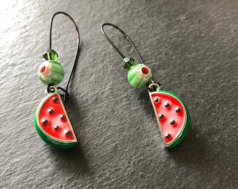 Foodie jewelry. Watermelon earrings. Mini food jewelry. Colorful statement earring. Handmade dangles. Fun birthday gift in red, green, black