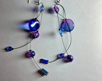 Blue purple glass tendril earrings. Length option. Handmade illusion earring. Geometric statement jewelry. Long dangle earring. Woman's gift