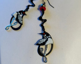 Extra long dangle earrings. Handmade bird earrings. Common Loon earrings. Bird earrings. Summer jewelry. Black silver white red earrings