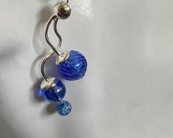 Blue earrings. Handmade glass bubbles. Silver ribbon earrings. Unique statement jewelry. Curly dangle earrings. Spiral twists, fun squiggles