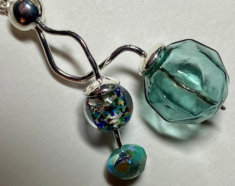 Teal green earrings. Silver ribbon earrings. Handmade glass bubble earrings. Dramatic statement jewelry. Curly dangle earrings. Unique gift