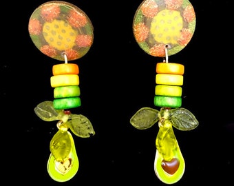 Mini food jewelry. Avocado earrings for foodie. Handmade colorful jewelry. Cute geen, yellow, orange studs. Statement drop earring. Fun gift