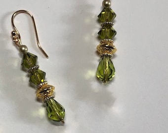 Handmade earrings. Green and gold dangle earrings. Spring jewelry. Olive green summer jewelry. Peridot green for her Virgo August birthday