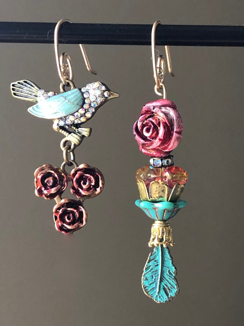 Mismatch earring Flower jewelry Burgundy rose Teal green bird Vintage style Womans birthday gift Spring jewelry Mother day June birth flower