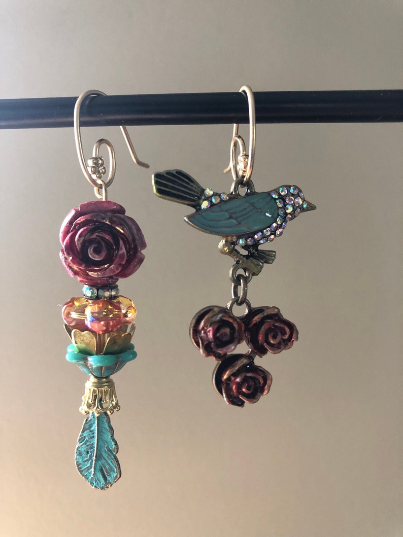 Mismatch earring Flower jewelry Burgundy rose Teal green bird Vintage style Womans birthday gift Spring jewelry Mother day June birth flower