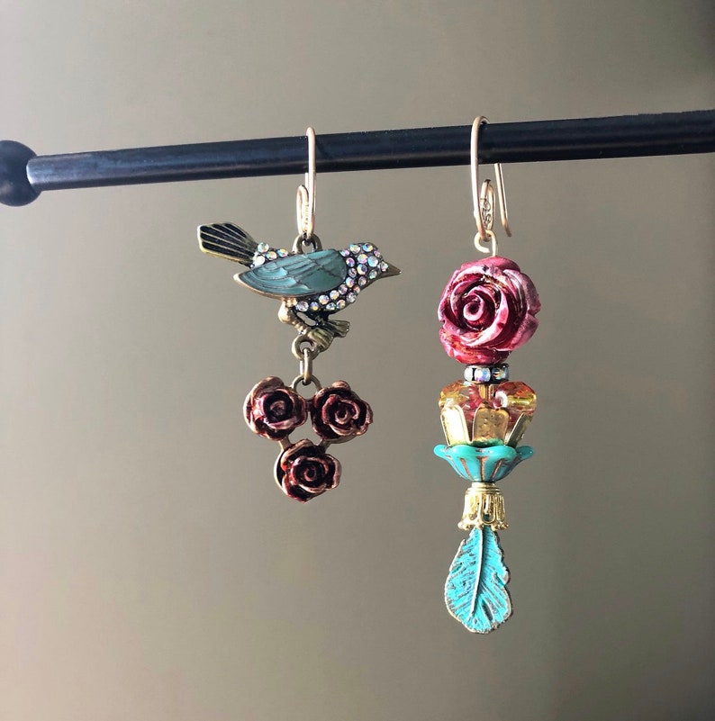 Mismatch earring Flower jewelry Burgundy rose Teal green bird Vintage style Womans birthday gift Spring jewelry Mother day June birth flower