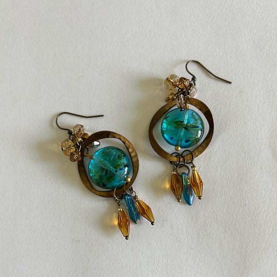 Teal Art Glass Dangle Earrings: Chunky Boho Brass Crystal Jewelry