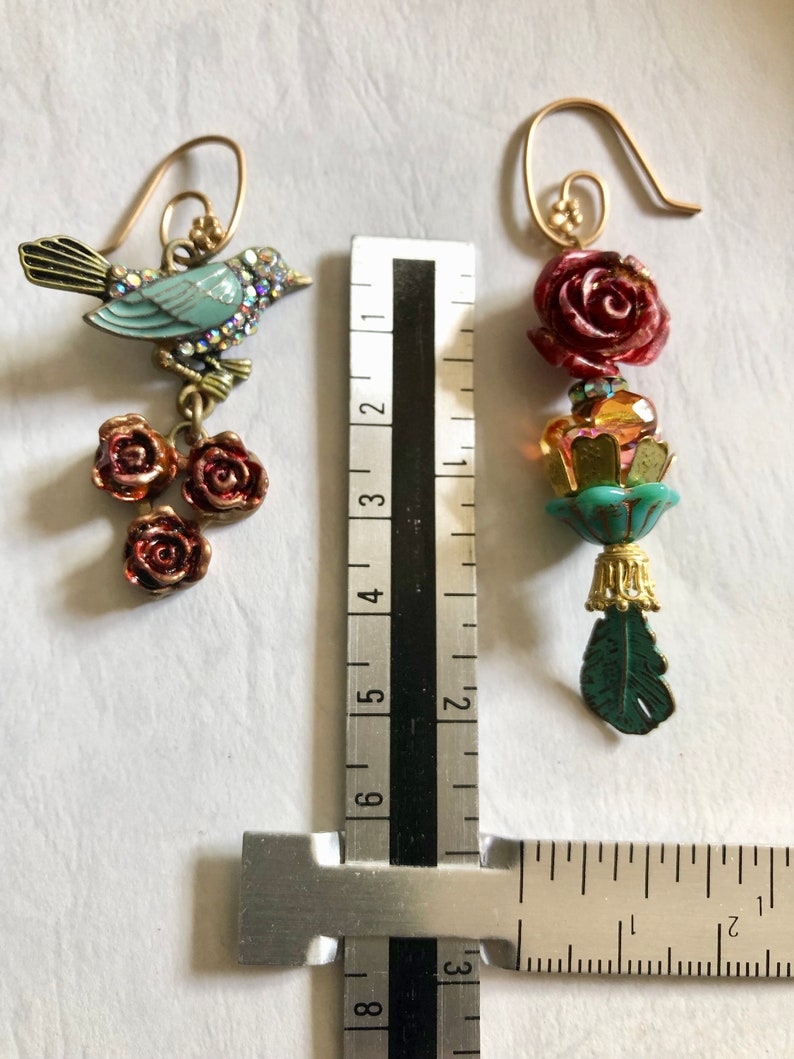 Mismatch earring Flower jewelry Burgundy rose Teal green bird Vintage style Womans birthday gift Spring jewelry Mother day June birth flower