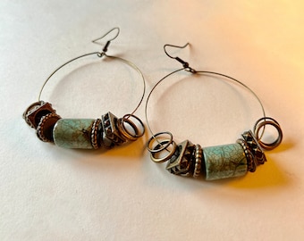 Extra large hoop earrings. Green Turquoise & Antiqued Brass dangle earrings. Tribal style earring.Unique Spring jewelry.Summer birthday gift