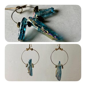 Jewelry set. Pendant necklace/large hoop earring. Turquoise blue Luster Quartz/Antiqued Brass. Boho style. Unique gift Spring/Summer jewelry