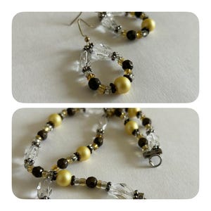 Bracelet and earring set. Butter yellow brown silver. Glass pearls copper. Bead bracelet/Teardrop hoops. Spring jewelry/Summer birthday gift