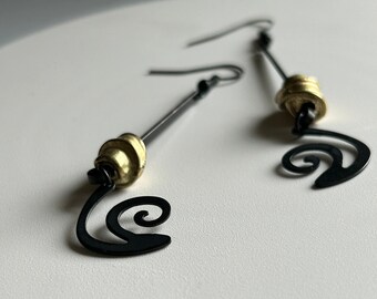 Long black dangle earrings. Matte gold & black earrings. Handmade unique jewelry. Spring birthday gift.Creative jewelry for summer thru fall