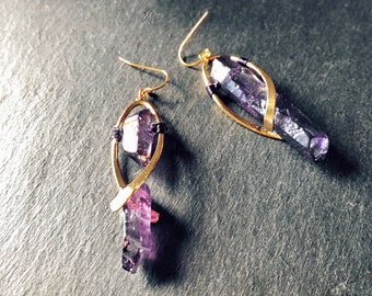Purple quartz earrings. Asymmetrical earrings. Unique purple and gold dangle earrings. Arty woman's jewelry. Gift spiral, twist drops