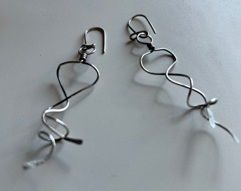 Unique Sterling Silver earrings. Tangled dangle earrings. Curly spiral twists. Simple everyday drop style. Ear art fun. Minimalist jewelry