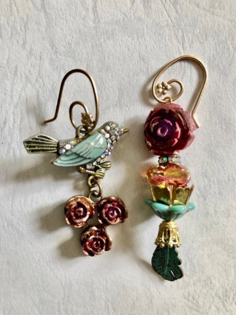 Mismatch earring Flower jewelry Burgundy rose Teal green bird Vintage style Womans birthday gift Spring jewelry Mother day June birth flower