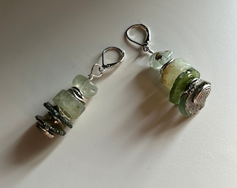 Handmade green dangle earrings. Stacked Moss Prehnite & Silver drops.Roman relic organic earrings.Unique Spring jewelry.Summer birthday gift