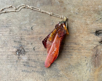 Peach necklace. Handmade pendant. Crackled Agate with orange and gold leaves. Mother's Day statement necklace. Unique spring jewelry