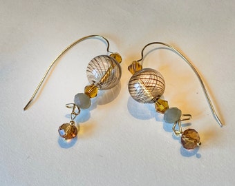 Handmade drop earrings. Peach art glass jewelry. Unique peach, brown, gold. Creative statement earrings. Art lover jewelry gift for Spring