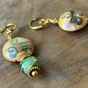 Artisan handmade art glass earrings. Light green, golden brown, brass dangle earrings. Geometric style jewelry. Winter birthday gift