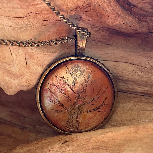 Harvest moon. Unique handmade glass art pendant. Autumn colors - gold, orange, bronze, antiqued brass. Fall necklace. Custom fall jewelry