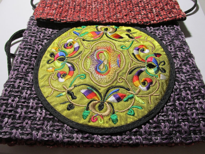 6 34 x 8 14 Flat Red and Purple Loose Weave Burlap Fabric Pouch with Oriental Mandala Motif