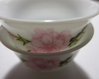 White Porcelain Tea Cup with Pink Cherry Blossoms, 1 3/4", Set of 2