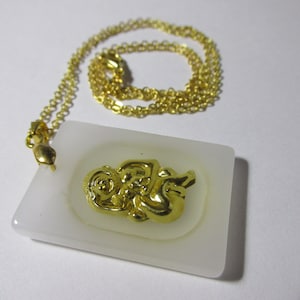 Chinese Zodiac Year of the Monkey White Chalcedony Pendant with Gold Tone Chain, 17&quot;