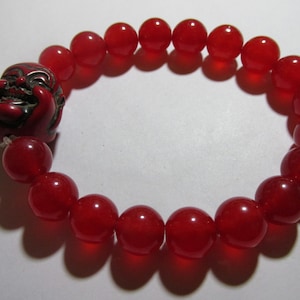 Red Gemstone Bead Expandable Bracelet with Laughing Buddha Bead Charm, One Size