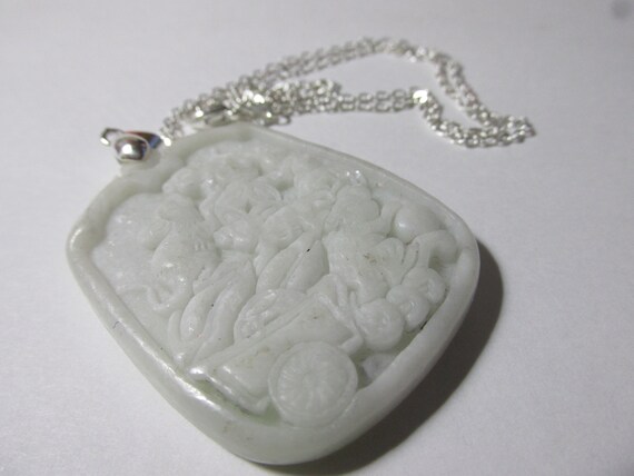24 Carved White Jade Stone Pendant of Mythical Kylin with Silver Tone Chain