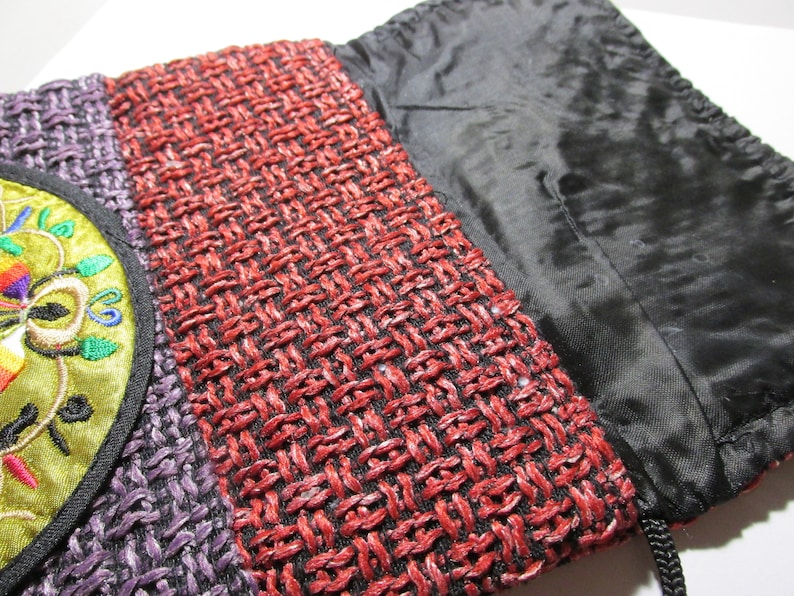 6 34 x 8 14 Flat Red and Purple Loose Weave Burlap Fabric Pouch with Oriental Mandala Motif