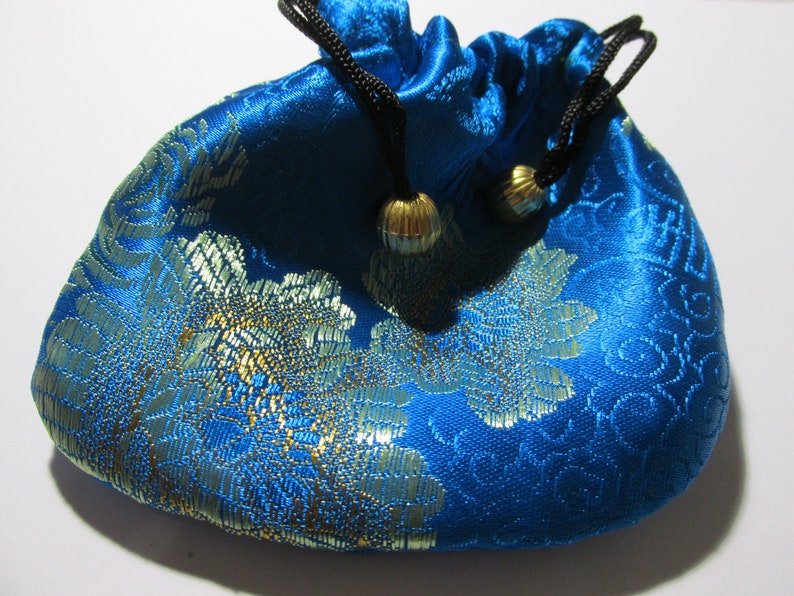 4 Turquoise Blue Silk Brocade Fabric Pull-String Pouch with Floral Motif
