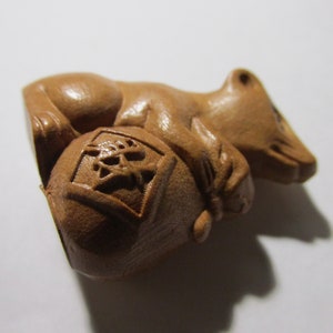 Netsuke-like Carved Wood Bead-Charm of Rat Holding Money Bag, 1 1/4&quot;