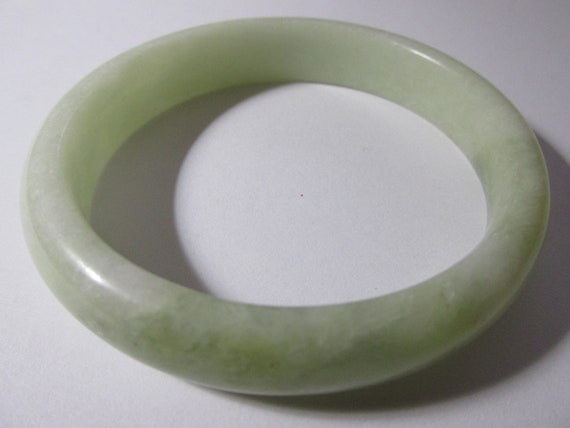 Milky White Jade Stone Bangle Bracelet with Green… - image 1