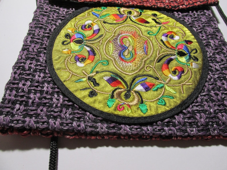 6 34 x 8 14 Flat Red and Purple Loose Weave Burlap Fabric Pouch with Oriental Mandala Motif