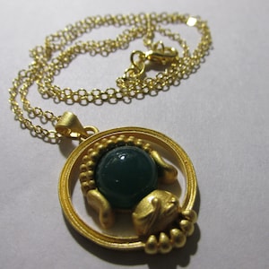 Gold Tone Metal Pendant with Green Jade Buddha Charm Necklace, 17&quot;