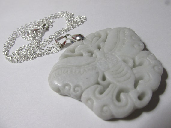 24 Carved White Jade Stone Pendant of Mythical Kylin with Silver Tone Chain