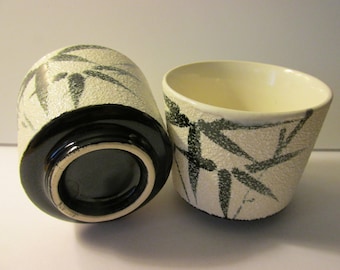 bamboo Teacups set of 2 hand painted sushi restaurant teacups/mugs WhatsForPudding #3112 Japanese vintage porcelain