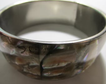 Natural Iridescent Abalone Shell Inlaid Tile Bangle Bracelet