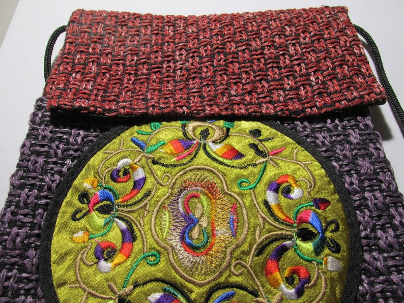 6 34 x 8 14 Flat Red and Purple Loose Weave Burlap Fabric Pouch with Oriental Mandala Motif